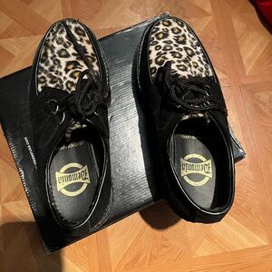 Women’s Demonia black suede/cheetah high heel size 8 sleek stylish shoe.